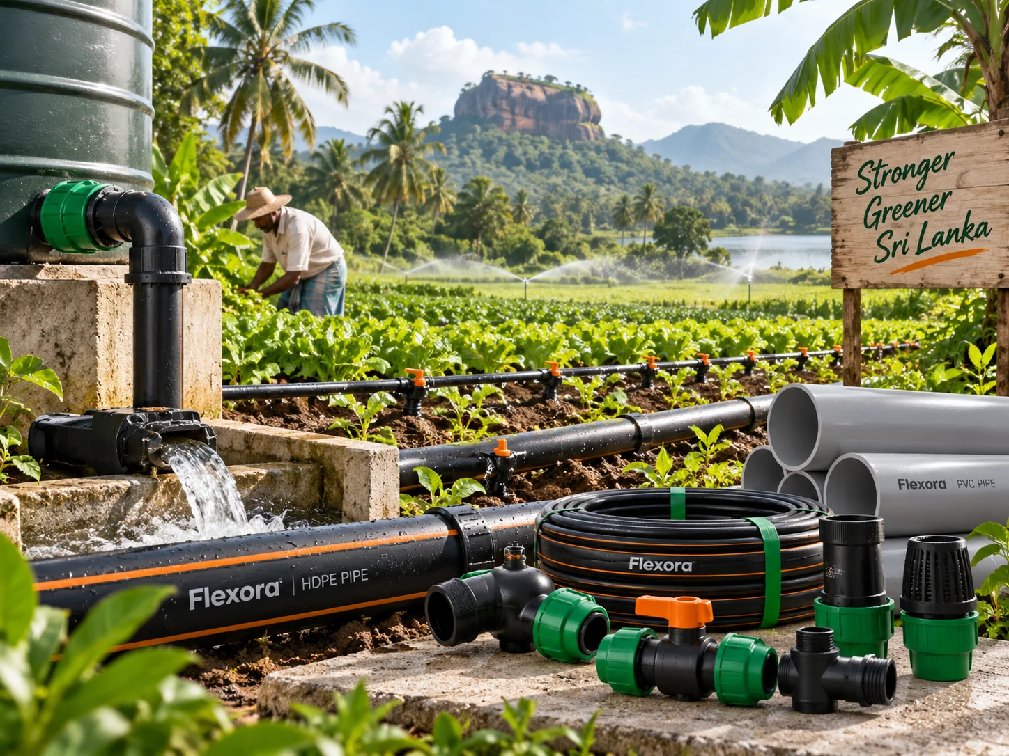 Plastic irrigation pipe and fittings shown in a tropical Sri Lankan agricultural setting